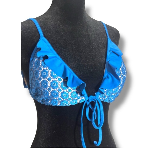 No Boundaries Blue Crochet Ruffle Strappy Adjustable Bikini Top - Picture 3 of 16